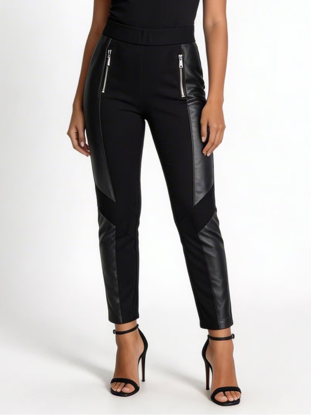 JOSEPH RIBKOFF | Black Leggings with Faux Leather Detail Sz L